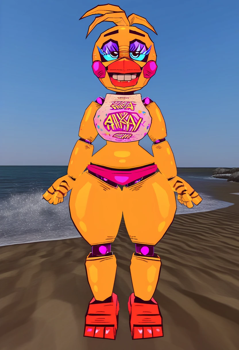 toy chica (vibapop), beak, 3d, 3d model, retro, thick thighs, teeth, Blue eyes, blue eyeliner, round head, cleavage, bikini, sunglasses, beach, breasts, tall, standing, joints, yellow body, 1girl, solo, outline, robot, cake, carl the cupcake,