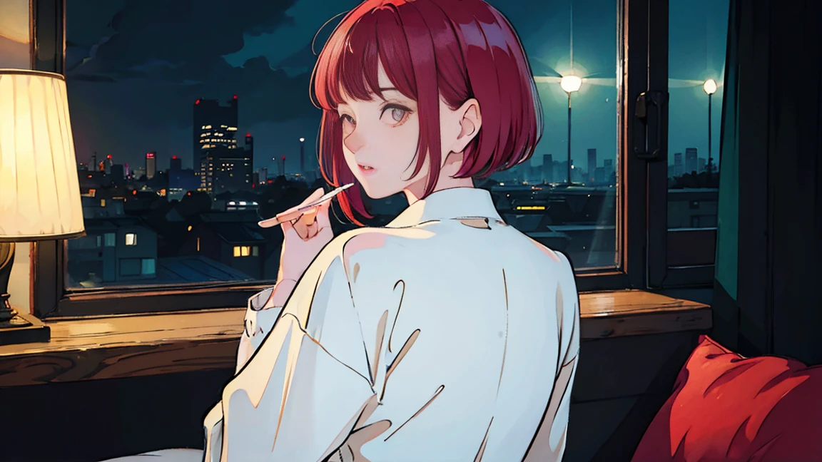 beautiful Asian girl with red hair sitting in her room at night,Looking at a window, face perfect, oculos de sol, smoking a custom-made white cigarette, NeonBlack, (back-illuminated: 1.1), hard shadow, work of art, best qualityer, intricate, model shoot style, vintage, Film grain, Incomplete unit details,citypop,cassettetape,register, high quality and details