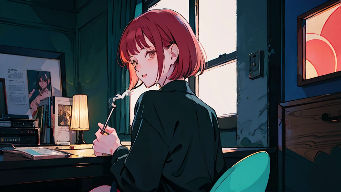 beautiful Asian girl with red hair sitting in her room at night,Looking at a window, face perfect, oculos de sol, smoking a custom-made white cigarette, NeonBlack, (back-illuminated: 1.1), hard shadow, work of art, best qualityer, intricate, model shoot style, vintage, Film grain, Incomplete unit details,citypop,cassettetape,register, high quality and details