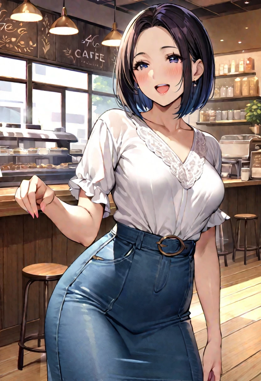 (Masterpiece:1.21),(FHD),(16K),(Top Quality:1.24),(Super Resolution),(Superb Illustration),(Best Shadow),(High Quality),(Super Detail:1.15),(Super Detail), Superb Detail, Elaborate,1 Woman, Japanese Woman,(Housewife:1.5),(40 Years Old:1.3),(Attractive Mature Woman:1.66),(Middle Age:1. 49),Casual, simple blouse,V-neckline,knee-length skirt, blouse in bright colors,pastel shades,(((cafe interior,in room))),(laugh:1.4),(small breasts:1.81),((graduated haircut)),