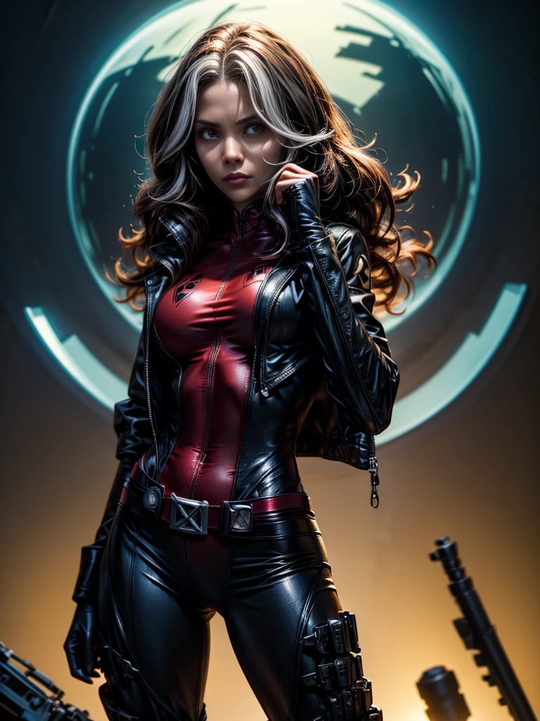 Halle Berry、masterpiece、High quality 4K、villain (X-Men)、Gothic Girl、Sculpted Body Gothic Makeup、Black jacket、Red and blue bodysuit、masterpiece、Highest quality、Cowboy Shots、One personの女の子、One person、Technology Military Bodysuit、fringe