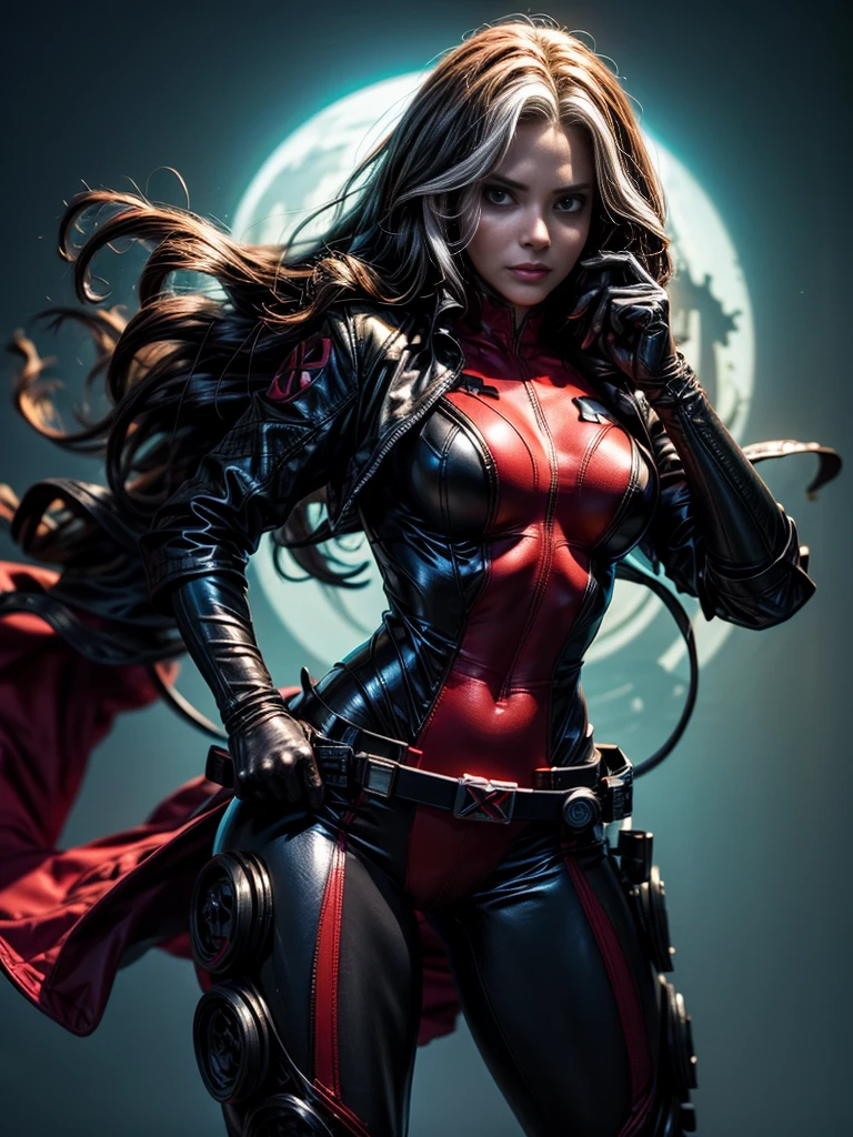 Halle Berry、masterpiece、High quality 4K、villain (X-Men)、Gothic Girl、Sculpted Body Gothic Makeup、Black jacket、Red and blue bodysuit、masterpiece、Highest quality、Cowboy Shots、One personの女の子、One person、Technology Military Bodysuit、fringe