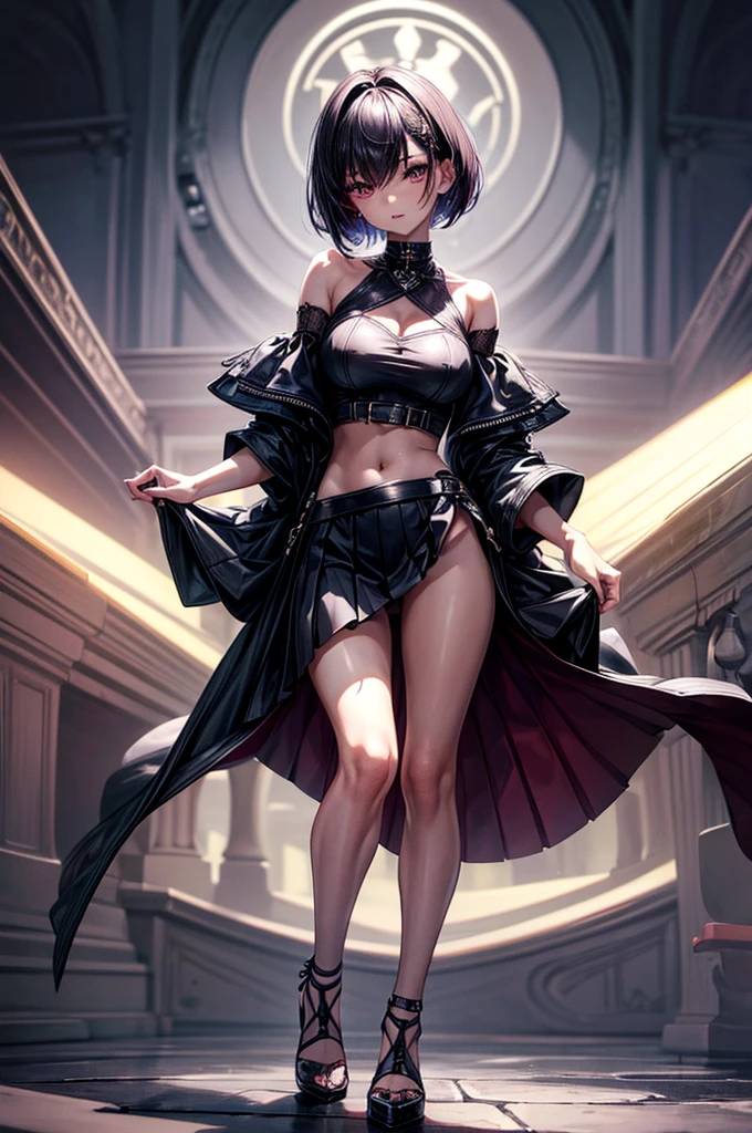 masterpiece, best quality, distinct image, 1 girl, 16 year old teenager, off shoulder stylish crop blouse, pleated and elegant skirt, garter and sexy knee length stockings, solo. sharp facial features, oval shaped face, cherry pink lip, lightly tanned white skin, velvet-colored eyes, tall height(175cm), slim yet chiseled body-type, dark violet-black hair, short pixie cut hairstyle, slender legs, curvy hips stretching the dress, full body image, gothic style environment
