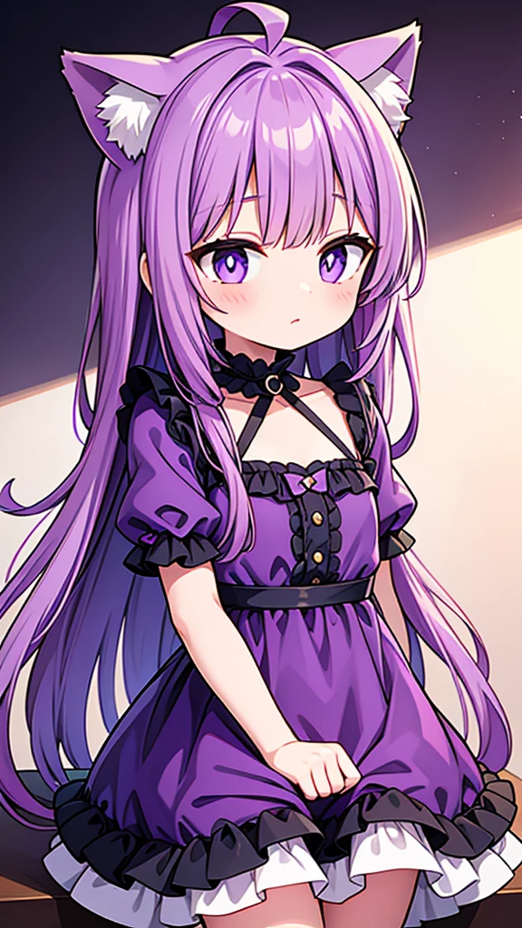 Purple haired girl with cat ears wearing purple dress