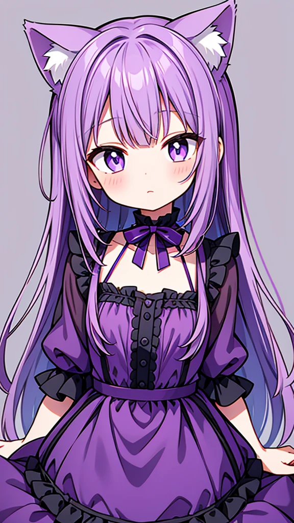 Purple haired girl with cat ears wearing purple dress