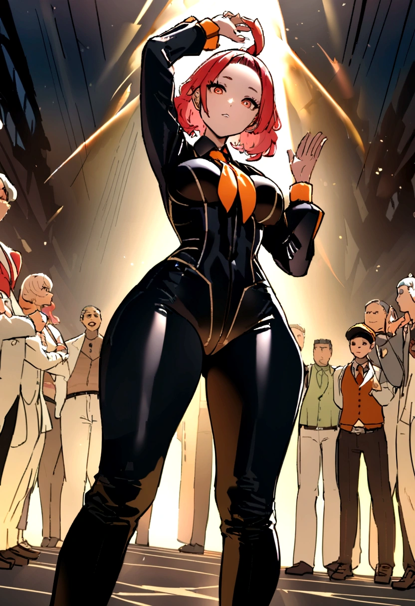 A portrait of a australian with black bodysuit long sleeve, No estilo do Unreal Engine 5, Empoderamento feminino --AR 128:85 a woman dressed in a business suit standing in front of people, no estilo de retratos suavemente iluminados, UHD 32k, Curves thrown, energia juvenil, and amber, bonito --ar 128:85