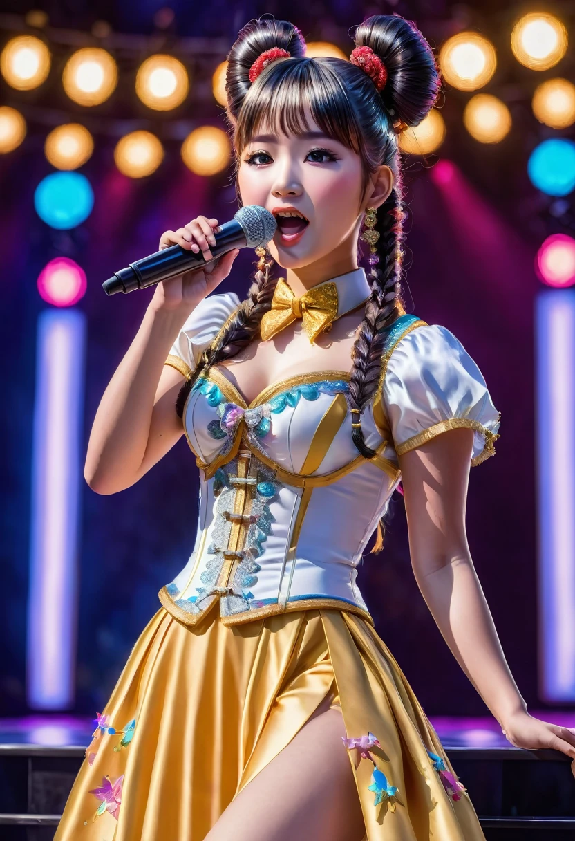 a beautiful young idol girl with twin tails, singing on a concert stage, bust:1.5, (best quality,4k,8k,highres,masterpiece:1.2),ultra-detailed,(realistic,photorealistic,photo-realistic:1.37),delicate facial features,highly detailed eyes and face, intricate hairstyle, expressive pose, colorful stage lights, dynamic performance, vibrant colors,glowing skin,professional photography