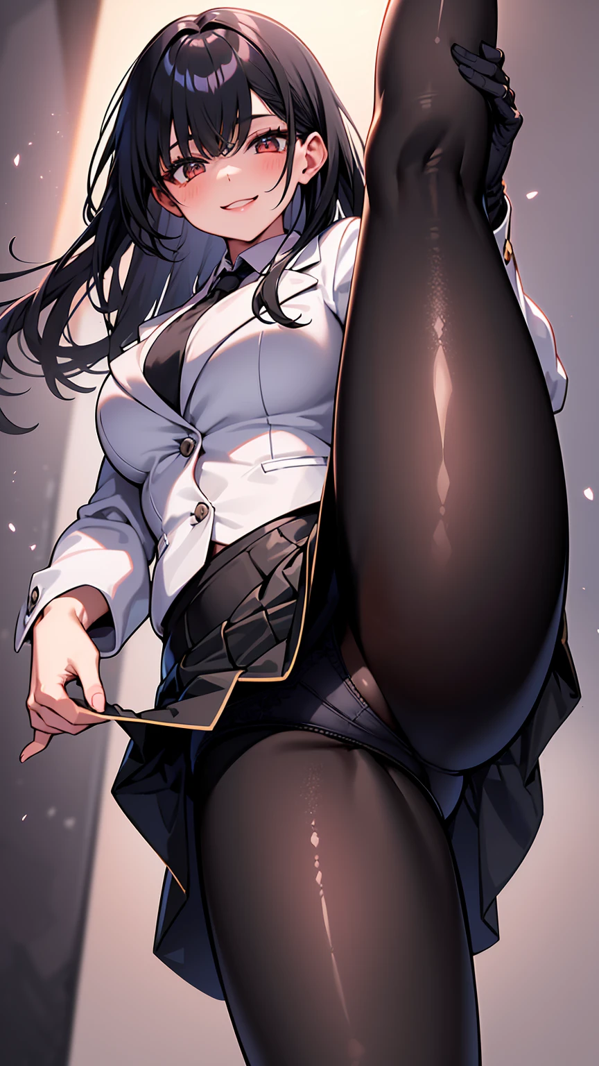 One Girl, Five Fingers, mini skirt, Looking down at the viewer, Black Hairポニーテール, Highest quality, Focus on the thighs, Dynamic pose, smile, blazer, blouse, Black Pantyhose, panties under pantyhose, Standing Split, classroom, Black Hair, Stylish pose,My thighs and groin are steamy