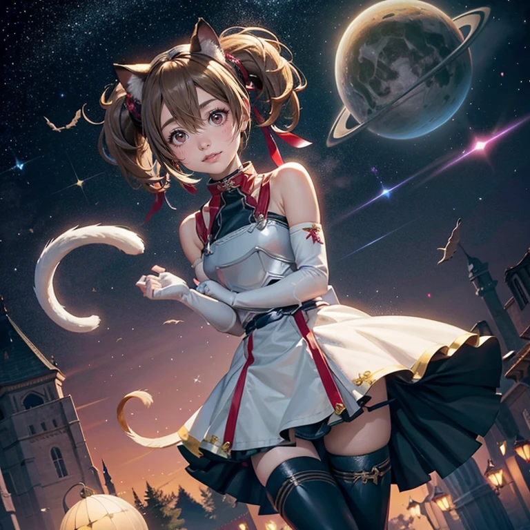 1girl, white maid dress, jewelry, brown hair, flowing hair, medium hair, pigtails hair, maid dress with a short skirt and layers, white laces, white boots, white dress with transparency, gold details on her clothes, cat ears, animal ears,  more details, perfectly body, perfectly hands, two hands, two legs, two arms, five fingers, glowing hair, best quality, cat ears, animal ears, tail ornament, tail bow, white gloves, two cat tail, white gloves, alone, maid headdress, choker, detached sleeves, maid dress, maid white dress, strapless, masterpeice, best quality, detailed face, night, asymmetrical gloves, bangs, white short skirt , white gloves, white boots, earrings, elbow gloves, fishnet thighhighs, fishmasterpeice, solo, best quality, detailed face, gloves, green eyes, green hair, hair between eyes, jewelry, long hair, looking at viewer, single earring, sky, sleeveless, solo, thigh boots, thighhighs, tongue, tongue out, uneven gloves, cat ears, animal ears, cat tail, , solo, alone, Looking at the viewer, More details on the clothes, magenta roses on her hair, space scenery, maid, maid dress, magenta details, magenta roses, maid headdress, maid apron, wave hair, long hair, seat on the Saturn rings, bats details on her clothes, more details on her clothes, gold details on her clothes, space, smiling, standing her hand to a viewer, looking at the viewer, in the background a several asteroids glowing with fiery auras, Dramatic lighting from distant stars and planets illuminates the scene, looking at the vast and mysterious universe, cowboy shot, upper body portrait, more details, sparkle,