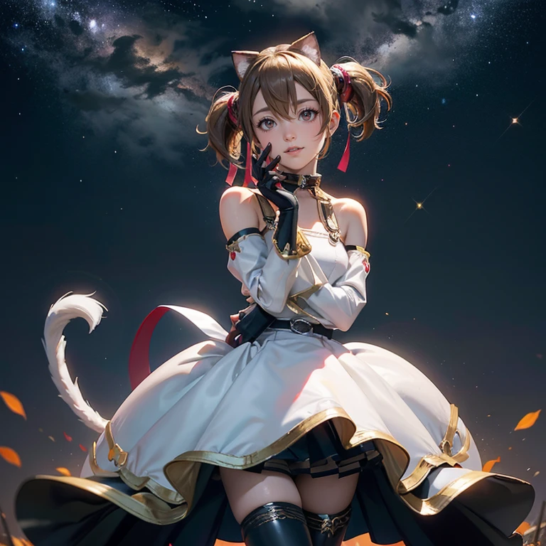 1girl, white maid dress, jewelry, brown hair, flowing hair, medium hair, pigtails hair, maid dress with a short skirt and layers, white laces, white boots, white dress with transparency, gold details on her clothes, cat ears, animal ears,  more details, perfectly body, perfectly hands, two hands, two legs, two arms, five fingers, glowing hair, best quality, cat ears, animal ears, tail ornament, tail bow, white gloves, two cat tail, white gloves, alone, maid headdress, choker, detached sleeves, maid dress, maid white dress, strapless, masterpeice, best quality, detailed face, night, asymmetrical gloves, bangs, white short skirt , white gloves, white boots, earrings, elbow gloves, fishnet thighhighs, fishmasterpeice, solo, best quality, detailed face, gloves, green eyes, green hair, hair between eyes, jewelry, long hair, looking at viewer, single earring, sky, sleeveless, solo, thigh boots, thighhighs, tongue, tongue out, uneven gloves, cat ears, animal ears, cat tail, , solo, alone, Looking at the viewer, More details on the clothes, magenta roses on her hair, space scenery, maid, maid dress, magenta details, magenta roses, maid headdress, maid apron, wave hair, long hair, seat on the Saturn rings, bats details on her clothes, more details on her clothes, gold details on her clothes, space, smiling, standing her hand to a viewer, looking at the viewer, in the background a several asteroids glowing with fiery auras, Dramatic lighting from distant stars and planets illuminates the scene, looking at the vast and mysterious universe, cowboy shot, upper body portrait, more details, sparkle,