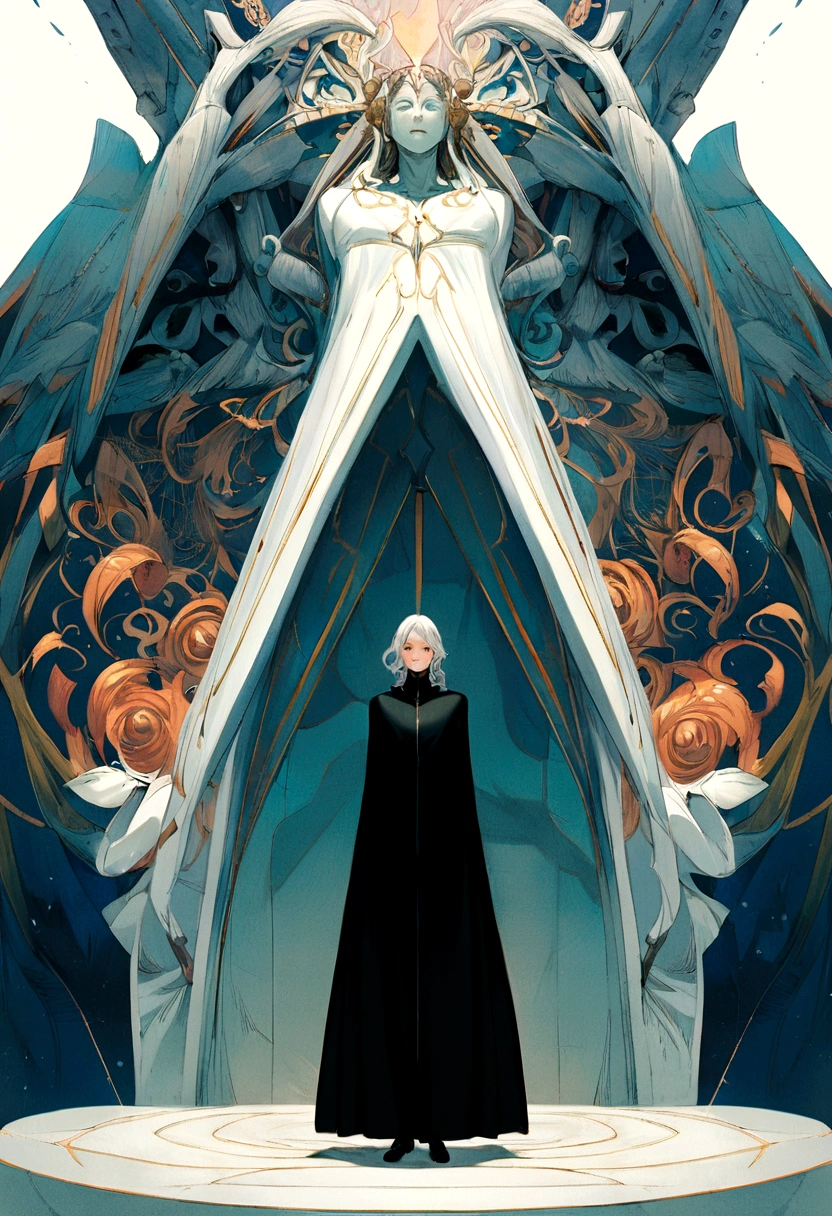 tenet,(personagem de アニメ masculino:1.3),standing alone, 1 men,eyes browns, very long white hair, (black cloak with red details:1.1), high detail digital illustration, (light background:1.1), estilo アニメ, soft facial features, contrasting colours,アニメ,1 men,ssmile,cloused mouth