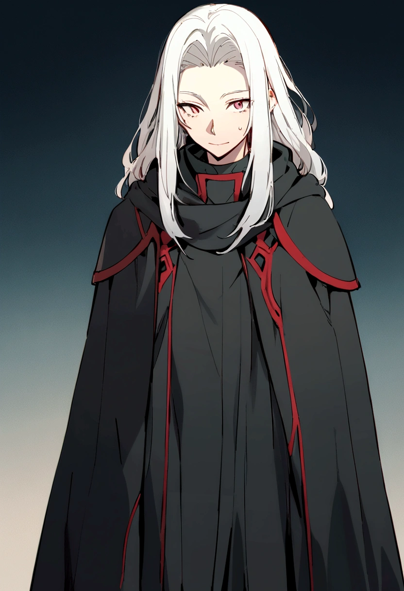 tenet,(personagem de アニメ masculino:1.3),standing alone, 1 men,eyes browns, very long white hair, (black cloak with red details:1.1), high detail digital illustration, (light background:1.1), estilo アニメ, soft facial features, contrasting colours,アニメ,1 men,ssmile,cloused mouth