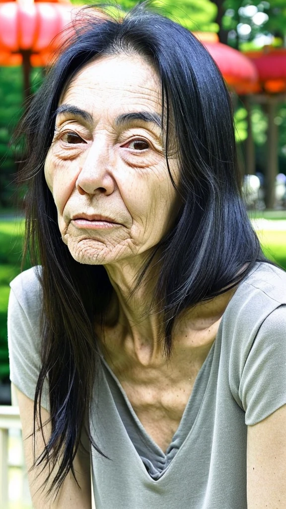 Japanese woman, fair skin, black hair, long hair, wrinkles, 60 years old, thin, skinny, weakened skin, droopy eyes, park