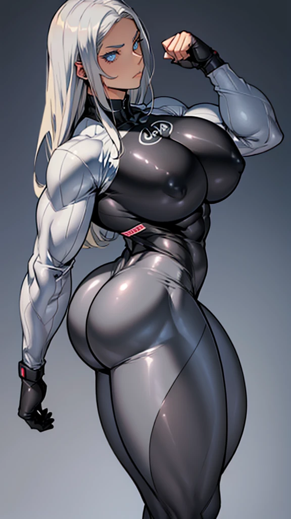 (((Muscle girl))), (((massive))), Silver hair, black bodysuit, blue eyes, spy, (((huge breasts))), big ass, russian, (((beautiful eyes))), (grey background)
