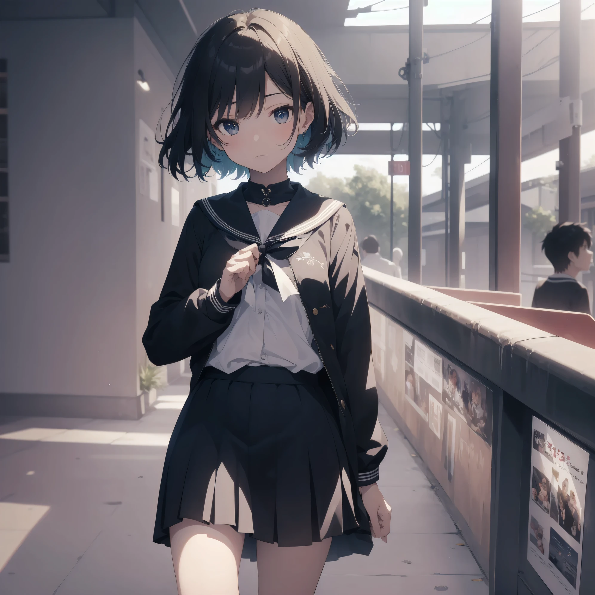 ultra-absurdres-Top quality by artist God, ultra-detailed, high resolution, anime moe artstyle, best anime 8k konachan wallpaper, pixiv contest winner, pool:2810, perfect anatomy,break, 1girl, (Please draw a girl walking sleepily to school alone. )break,(Solo,little female, 13-year-old:1.3),Full limbs, complete fingers,a junior high school student, (very short hair), short cut, flat chest, , small butt, small black eyes, beautiful detailed eyes, well-proportioned iris and pupils, expressive eyes, highres detailed hair, soft expression, salor school_uniform, sailor collar, serahuku, bow, pleated skirt,(Detailed Lighting), (Detailed background), in the School commute route. break,super detailed skin, Best cinematic lighting powered by famous artist, 8k,beauty illustration,photoshop_(medium),very aesthetic,break,((artist:enkyo_yuuichirou )), artist:clamp ,artist:carnelian ,artist:kantoku ,
