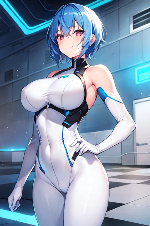 1girl, blue hair, light skin, white skin, light-skinned female, very short hair, smile, breasts, bodysuit, white bodysuit, pantyhose, black pantyhose, neon, futuristic, science-fiction