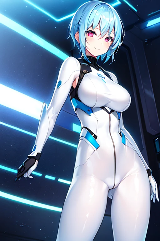 1girl, blue hair, light skin, white skin, light-skinned female, very short hair, smile, breasts, bodysuit, white bodysuit, pantyhose, black pantyhose, neon, futuristic, science-fiction