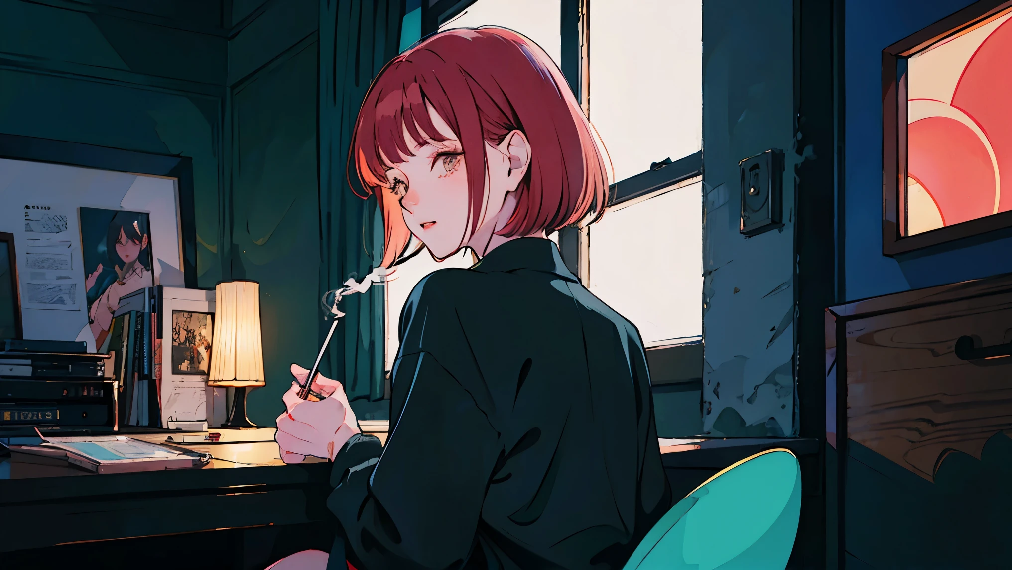beautiful Asian girl with red hair sitting in her room at night,Looking at a window, face perfect, oculos de sol, smoking a custom-made white cigarette, NeonBlack, (back-illuminated: 1.1), hard shadow, work of art, best qualityer, intricate, model shoot style, vintage, Film grain, Incomplete unit details,citypop,cassettetape,register, high quality and details