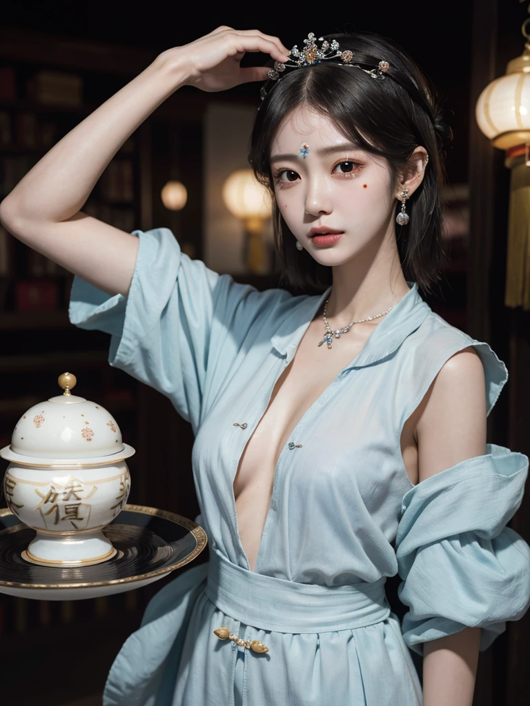 absurdres, RAW photo, extremely delicate and beautiful, masterpiece, Best Quality, ultra high resolution, 32k, hyperrealistic, ultra-detailed, in her 20s, delicate facial features, beautiful detailed girl, tearful mole, earring, medium breasts, full body shot, shorter middle hair, black hair, ((jiangshi)),