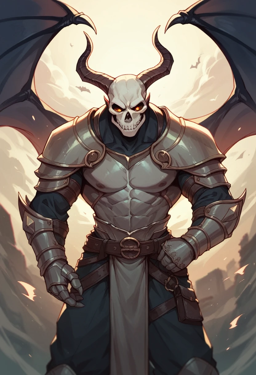 warrior with white armor skull face with horns bat wings