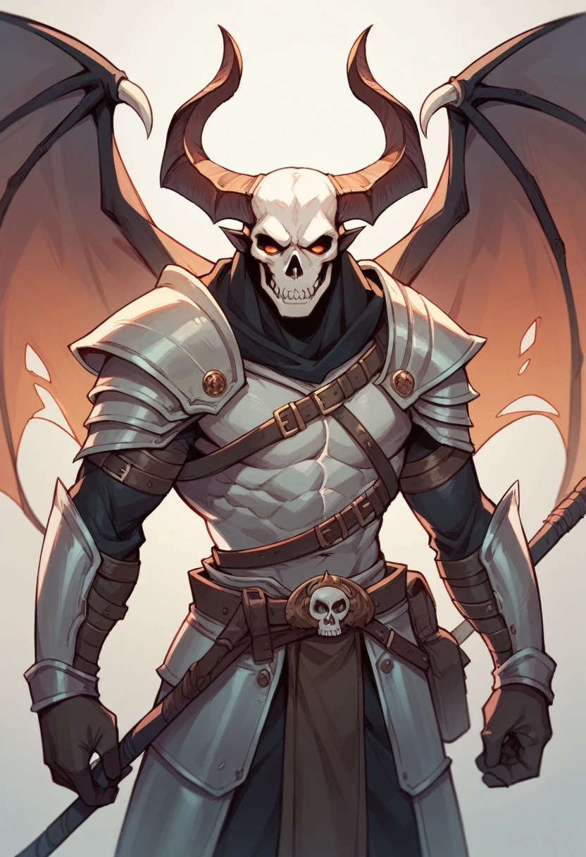 warrior with white armor skull face with horns bat wings