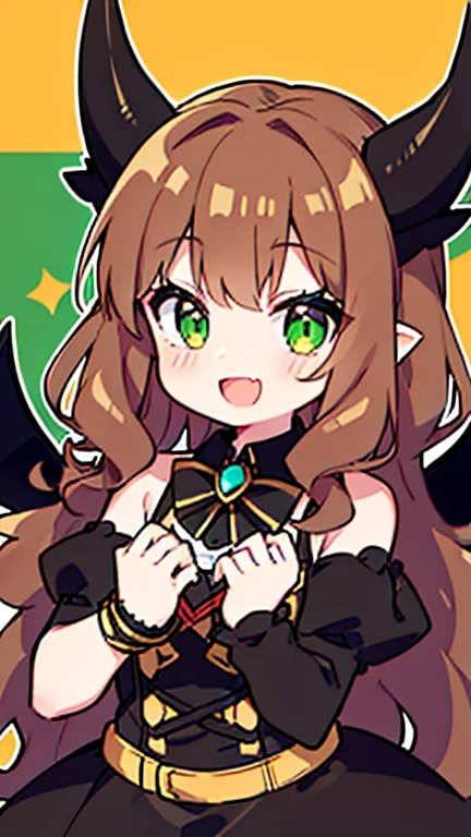 demi-human girl, Brown-curly-hair, green eyes, wearing a black and yellow dress with longs sleeves and red bowtie. (black demon wings.), (black demon horns.), (Black demon tail), :D