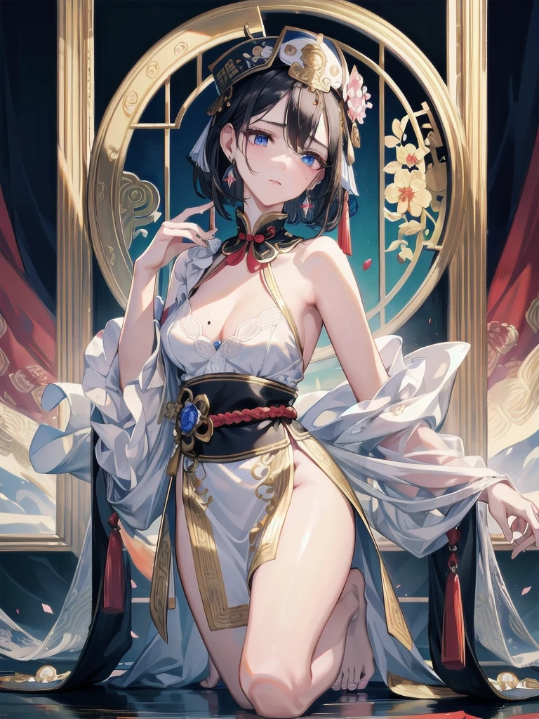 absurdres, RAW photo, extremely delicate and beautiful, masterpiece, Best Quality, ultra high resolution, 32k, hyperrealistic, ultra-detailed, in her 20s, delicate facial features, beautiful detailed girl, tearful mole, earring, medium breasts, full body shot, shorter middle hair, black hair, jiangshi,