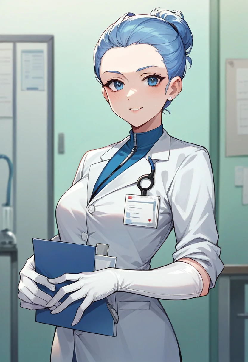 1girl, ((white elbow gloves)), ((surgical gloves)), ((latex gloves)), ((long sleeves)) ((blue surgeon outfit)), looking at viewer, ((doctor)), standing, solo