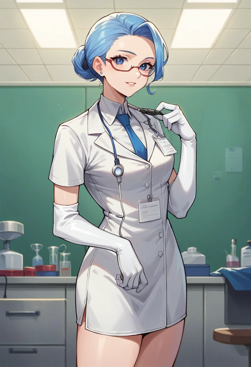 1girl, ((white elbow gloves)), ((surgical gloves)), ((latex gloves)), ((long sleeves)) ((blue surgeon outfit)), looking at viewer, ((doctor)), standing, solo