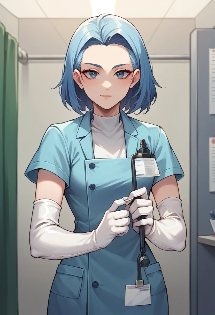 1girl, ((white elbow gloves)), ((surgical gloves)), ((latex gloves)), ((long sleeves)) ((blue surgeon outfit)), looking at viewer, ((doctor)), standing, solo