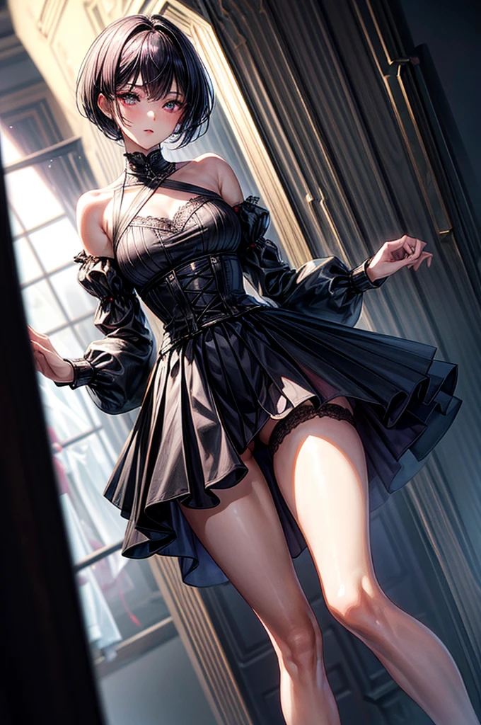 masterpiece, best quality, distinct image, 1 girl, 16 year old ager, off shoulder stylish crop blouse, pleated and elegant skirt, garter and sexy knee length stockings, solo. sharp facial features, oval shaped face, cherry pink lip, lightly tanned white skin, velvet-colored eyes, tall height(175cm), slim yet chiseled body-type, dark violet-black hair, short pixie cut hairstyle, slender legs, curvy hips stretching the dress, full body image, gothic style environment