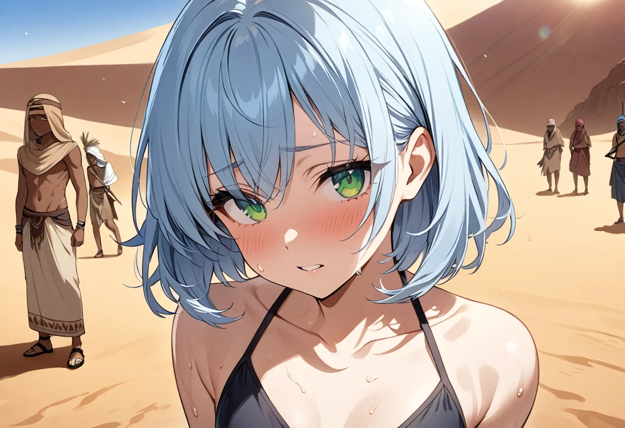 Light blue hair、Short Bob、Deep green eyes、Small breasts、25 years old,sahara、Desert People、Under the blazing sun、heat haze、Hot look、Sweat