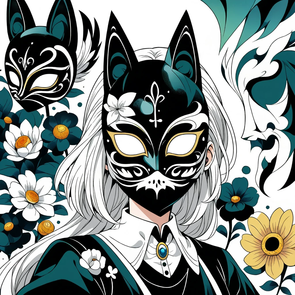 Anime Line Art，Black and White，mask，flower