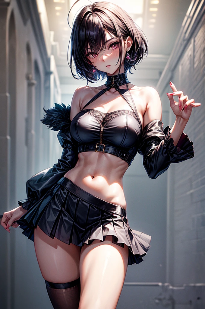 masterpiece, best quality, distinct image, 1 girl, 16 year old ager, off shoulder stylish crop blouse, pleated and elegant skirt, garter and sexy knee length stockings, solo. sharp facial features, oval shaped face, cherry pink lip, lightly tanned white skin, velvet-colored eyes, tall height(175cm), slim yet chiseled body-type, dark violet-black hair, short pixie cut hairstyle, slender legs, curvy hips stretching the dress, full body image, gothic style environment