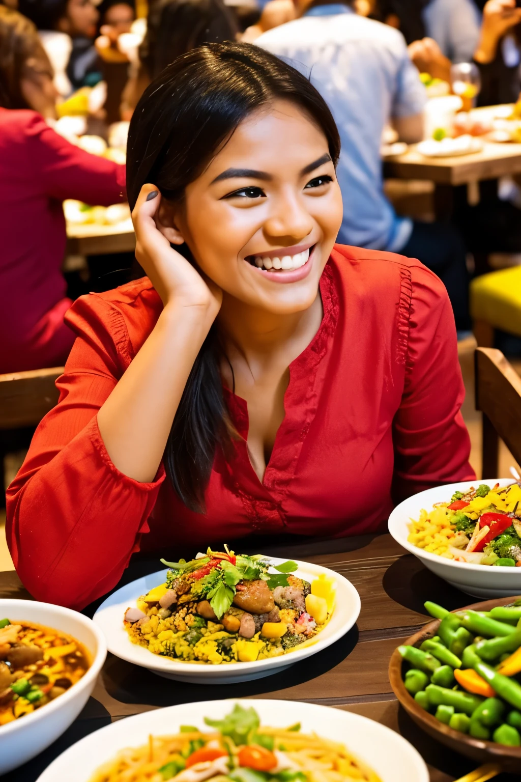 A person surrounded by an endless supply of the best-tasting food, with no eating utensils in sight. The scene is vibrant and colorful, showcasing a variety of delicious dishes from different cuisines, all arranged in an inviting and appetizing manner. The person looks delighted and ready to enjoy the feast using only their hands