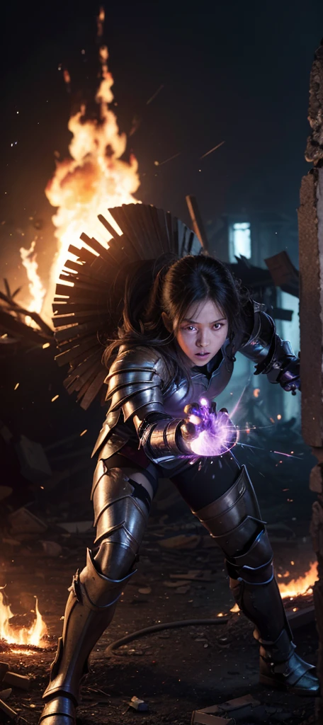 (close-up punch to the viewer), detailed full body, detailed hands, good fingers, good hands, good legs, tissue, low hood, ruins, floating, explosion, wreckage, some background of fire and shine, ((purple glowing core in armor)), ultra HD, texture ultra realistic, (lens flare:1.2), (Long shot:0.9)