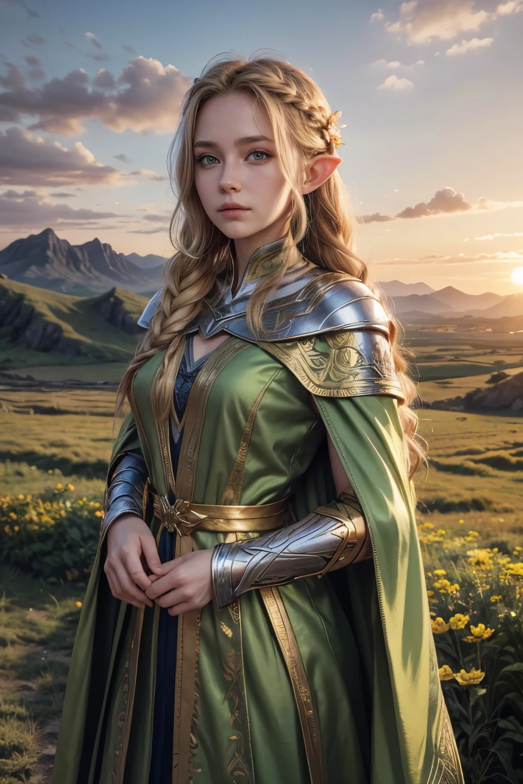 an elf warrior woman, Long wavy blonde hair, holding a flower, greeneyes, gold and silver green cloak, portraite, looking straight ahead, a flower in the hair ,a braid in your hair, beautiful landscape in the background, sunset in the background