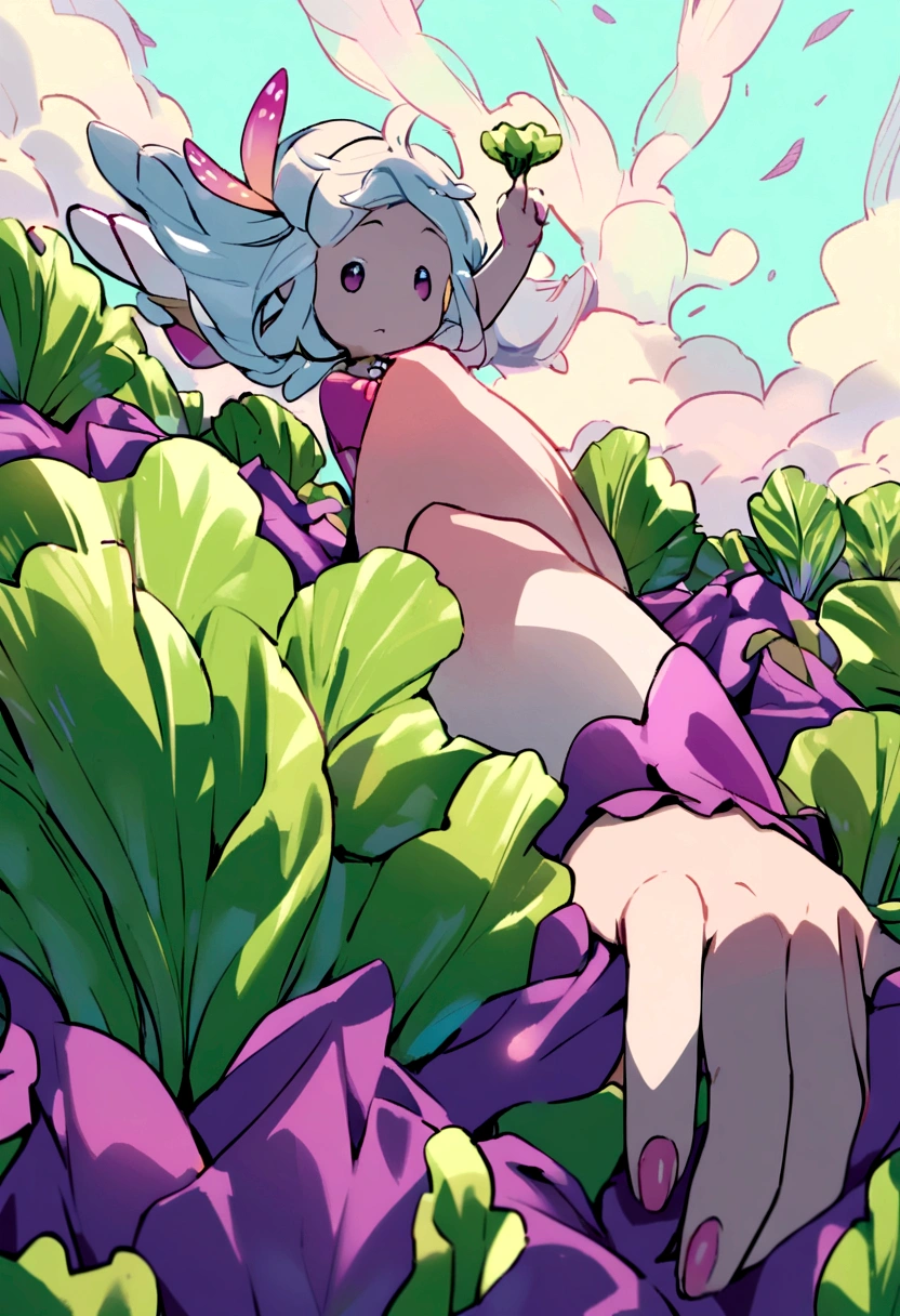 a fairy flying over a pile of Lettuce, holding one Lettuce on her hand