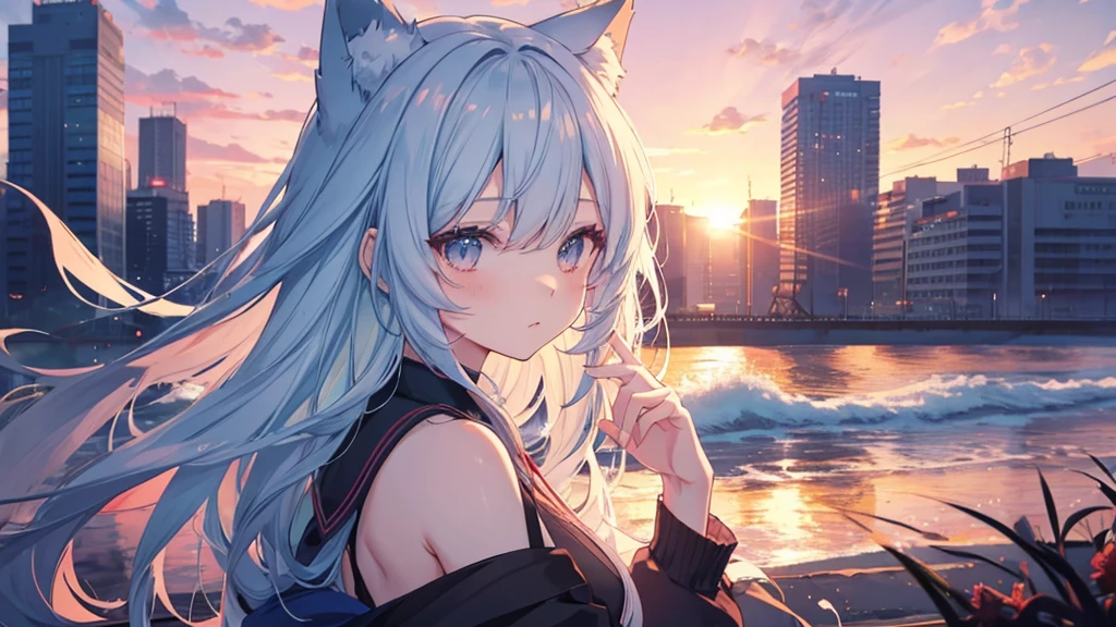 Anime cat girl with cat ears, Look at your shoulder, Anime drawing by Yang J, Pixiv contest winners, serial art, デジタルanime illustration, kawashi, anime style illustration, anime style 4k, beautiful anime portrait, anime style portrait, anime style artwork, Guweiz style artwork, anime illustration, digital anime art, Detailed digital anime art, beautiful sunset