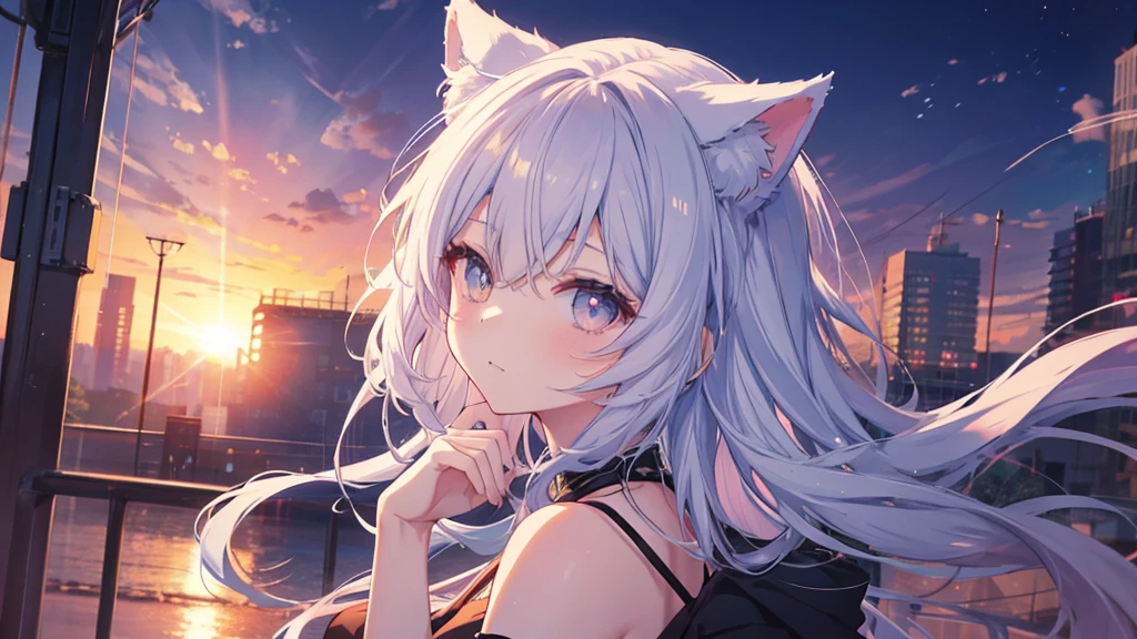 Anime cat girl with cat ears, Look at your shoulder, Anime drawing by Yang J, Pixiv contest winners, serial art, デジタルanime illustration, kawashi, anime style illustration, anime style 4k, beautiful anime portrait, anime style portrait, anime style artwork, Guweiz style artwork, anime illustration, digital anime art, Detailed digital anime art, beautiful sunset
