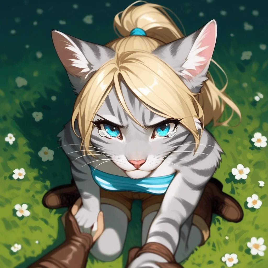 Solo, score_9,score_8_up,score_7_up, source_furry, kat, Anthro furry feline, blue eyes, blonde hair, (ponytail hair), pink nose, :3, white whiskers, silver fur with grey stripes, furry body, wearing blue bandeau, brown short shorts, brown boots, on her knees, w sitting, sniffling, sad expression, tearing up,  on a grassy field, outdoors at night, pov, human viewer, from above, Birds Eye view, pov viewer is holding her hand, hand holding