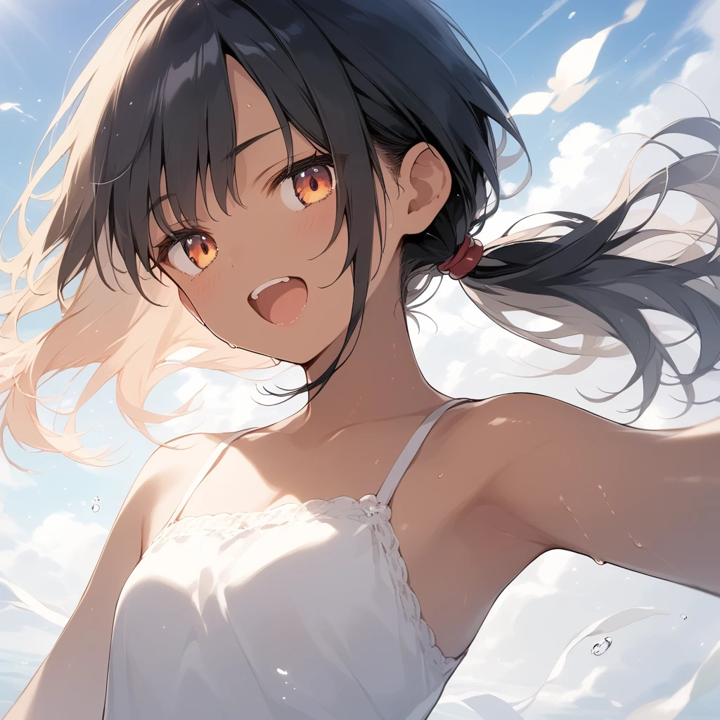 score_9, score_8_up, score_7_up, source_anime, best quality, masterpiece, official art, absurdres, highres, ultra-detailed,waifu2x,Collection: Slice of Life,break,1girl, tomboy, dark-skinned female, short hair, low ponytail, flat chest, beautiful detailed eyes, short shorts, sweat, open mouth, (yawn:0.3), sleepily, outdoors, wind, break,dewy skin, perspiration on the skin,skin texture, fine lines, pores, natural imperfections,light reflections, glossy skin, shiny skin,break,(clear line illustration:1.2),very high resolution, very aesthetic, Best sexual lighting powered by famous artist, 8k,cute picture,beauty illustration,photoshop_(medium),,(Detailed Lighting),best anime 8k konachan wallpaper, pixiv contest winner,