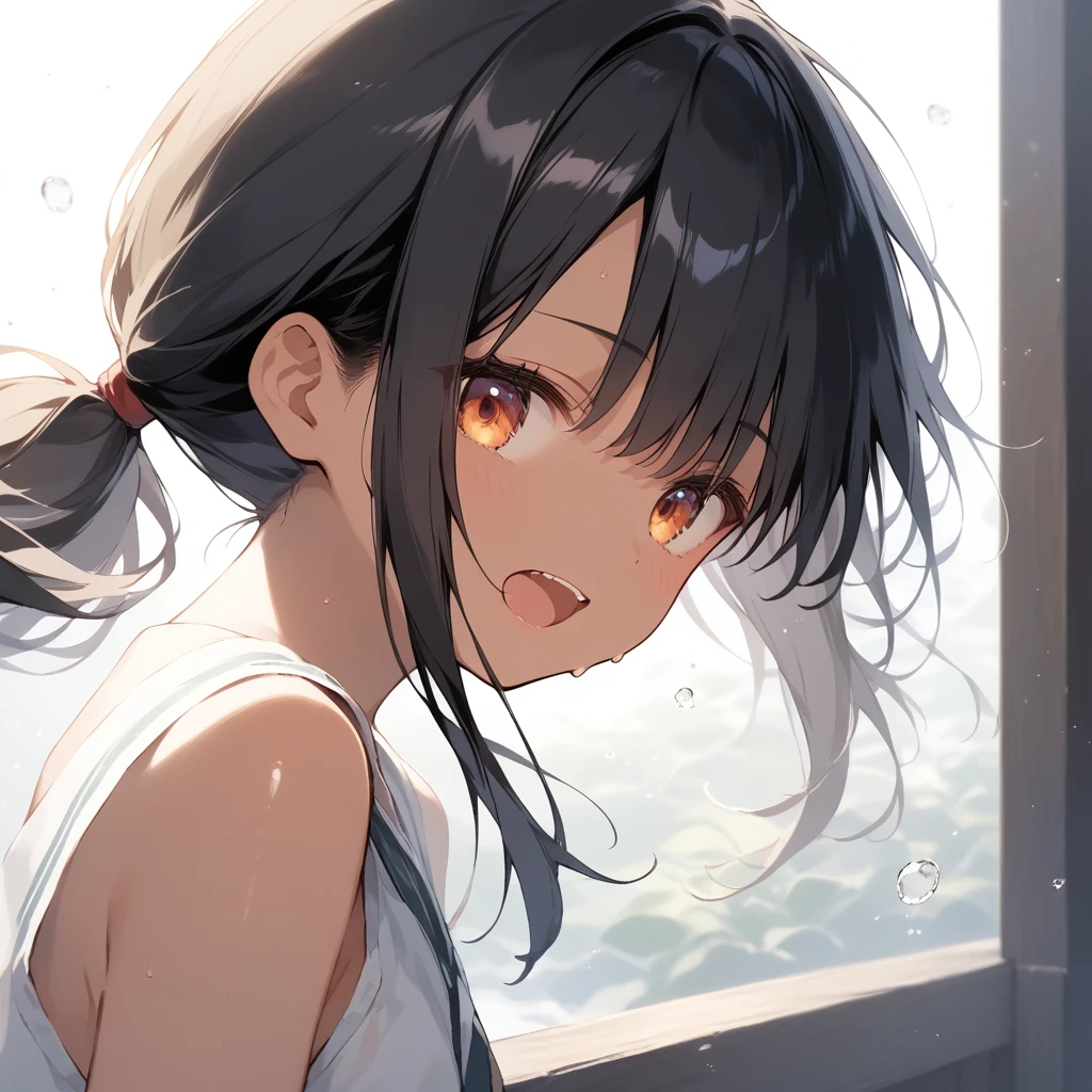 score_9, score_8_up, score_7_up, source_anime, best quality, masterpiece, official art, absurdres, highres, ultra-detailed,waifu2x,Collection: Slice of Life,break,1girl, tomboy, dark-skinned female, short hair, low ponytail, flat chest, beautiful detailed eyes, short shorts, sweat, open mouth, (yawn:0.3), sleepily, outdoors, wind, break,dewy skin, perspiration on the skin,skin texture, fine lines, pores, natural imperfections,light reflections, glossy skin, shiny skin,break,(clear line illustration:1.2),very high resolution, very aesthetic, Best sexual lighting powered by famous artist, 8k,cute picture,beauty illustration,photoshop_(medium),,(Detailed Lighting),best anime 8k konachan wallpaper, pixiv contest winner, 