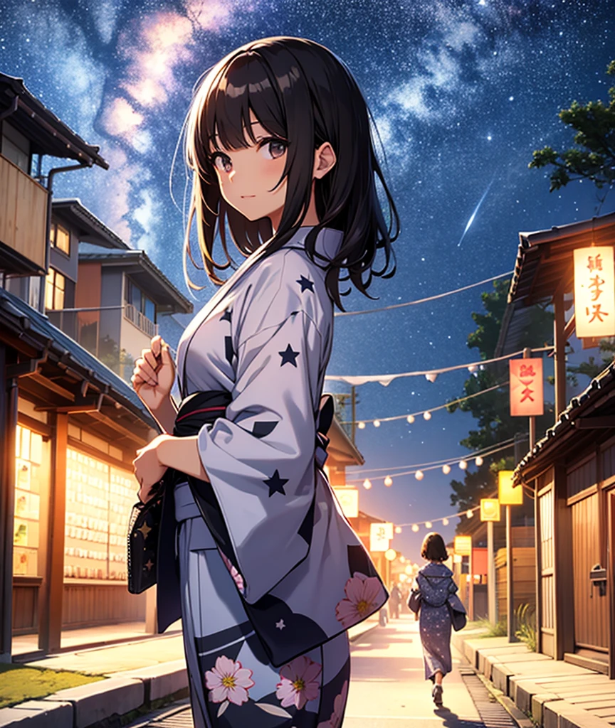 A black-haired girl strolling through the starry sky of Tanabata in a summer yukata