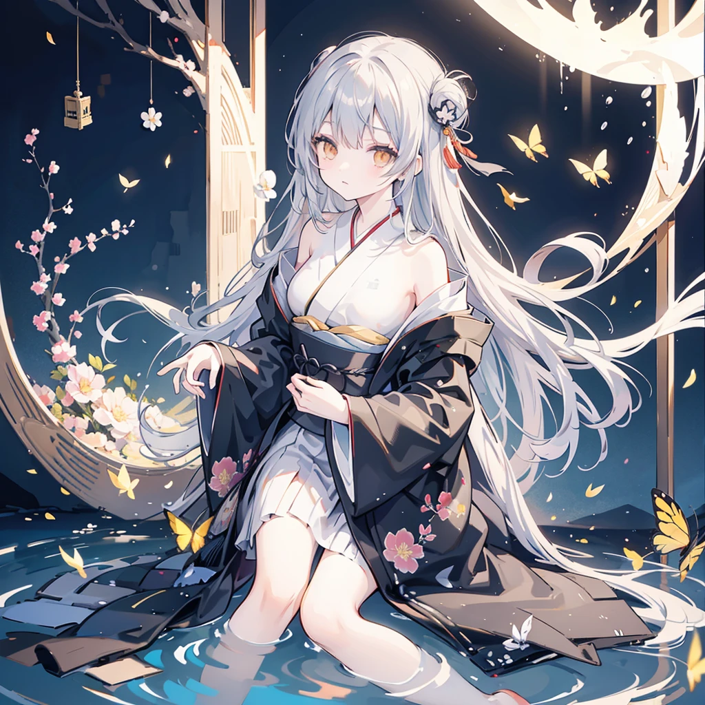 ((High resolution Gray Hair Long Hair Black kimono Black Band military commander Lonely despair)) ((Yellow butterfly night Japanese style old Shining Aura Japanese garden water surface)) (dance Blade of Darkness Japanese sword Slashing) moon star Draw your sword Slashing Catch the wind autumn