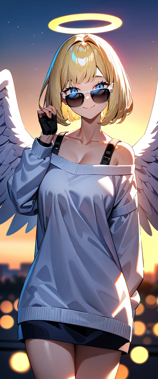 ((flying in the sky)), ((angel, big big white wings:1.3, halo:1.3)), ((sky)), (((sunglasses, hand to sunglasses))), (((cowboy shot))), archangel Uriel, ((wavy hair, inward curled hair)), evening, Sunset, ((blond hair, bob cut:1.3)), breasts, ager, (looking at viewer), oversized clothes, puffy long sleeves, collarbone, ((off-shoulder sweater:1.3, Quite thick shoulder straps)), ((white sweater)), collarbone, head tilt:1.3, (((blue eyes))), ((happy smile)), (((anime style))), (best quality, 4K, 8K, highres, masterpiece:1.2, ultra-detailed, ultra-detailed eyes, HDR, uhd, studio lighting, ultra-fine painting, sharp focus, physically-based rendering, extreme detail description, professional, vivid colors, bokeh)
