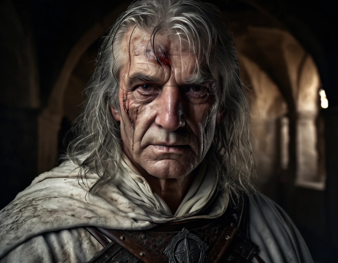 a 65 year old man with long grey-yellowish hair, wearing a white templar knight robe covered with blood ad dirt, detailed face, realistic, highly detailed, high quality, 8k, photorealistic, dramatic lighting, chiaroscuro, cinematic, medieval, historical, intricate details, atmospheric, masterpiece, dark ambient, sad mood, inside a middle ages fortress background, at night, open ceiling,stars visible, light of a distant torch, portrait, front view