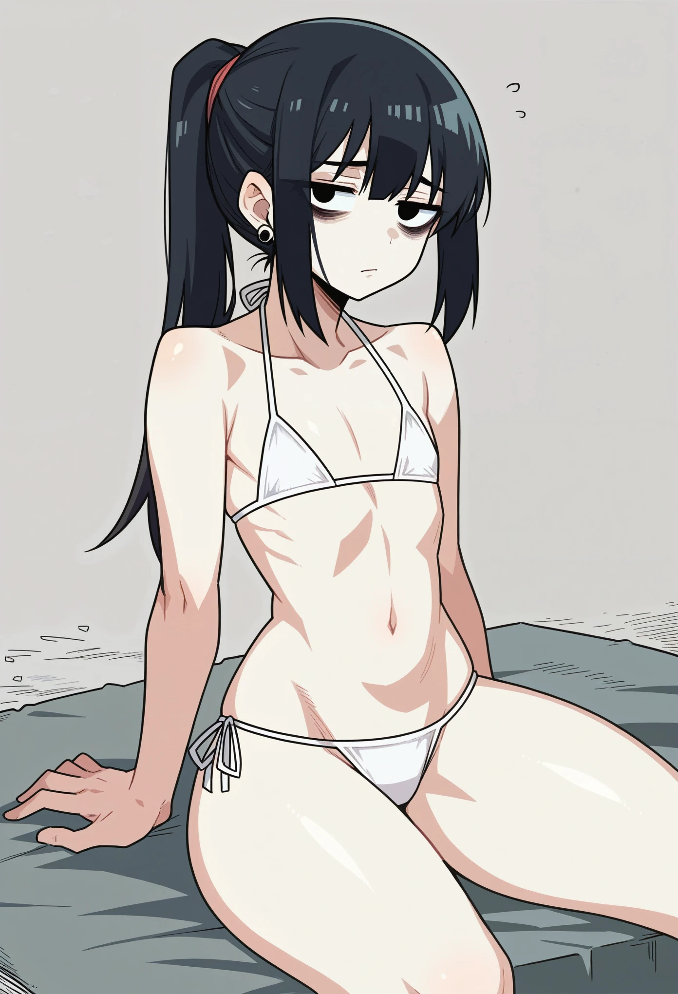 score_9, score_8_up, score_7_up, source_anime, BREAK, (((yew))), , 1girl, black hair, eye bags,.tired eyes, downturned eyes, solo, ponytail, bangs, earrings, black eyes, bikini, small pupils, tired expression, pale skin, thick thighs, flat chest, curvy, beach