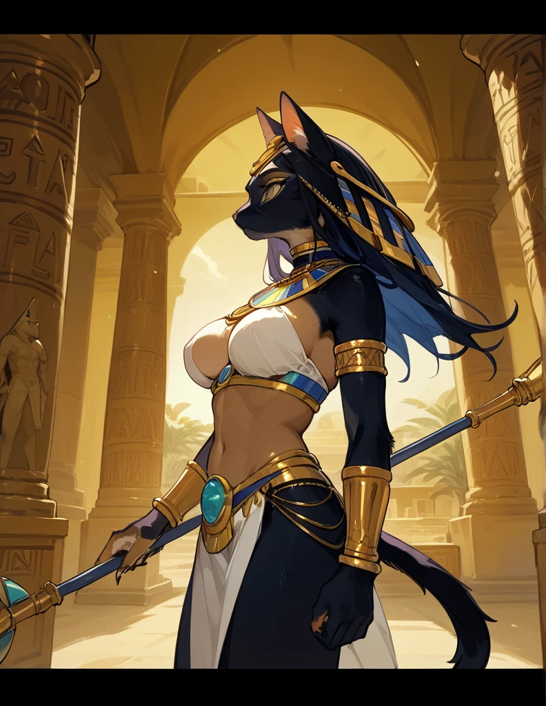 score_10,score_9_up,score_8_up,score_7_up, hadrian, side view, big breasts, expressionless, looking ahead, abs, with Pyramid of Khufu view, in Egypt, furry cat, egyptian clothes, egyptian mythology, truncheon,staff,
