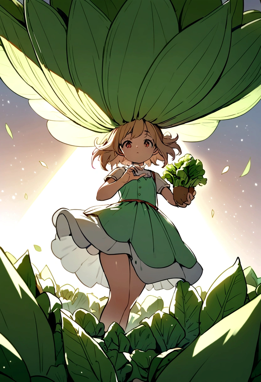 a  fairy flying over a pile of Lettuce, holding one Lettuce on her hand